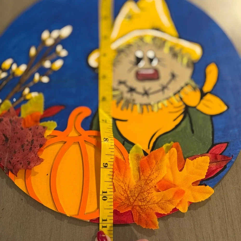 HAND CRAFTED- hand painted Autumn Scarecrow Wall Decor with Pumpkin and Leaves